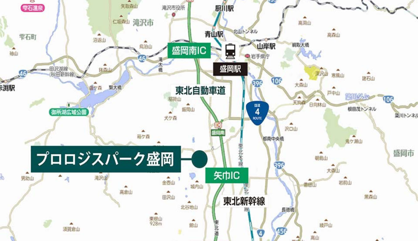 東北自動車道「盛岡南IC」から車で約8分、「プロロジスパーク盛岡」の地図。